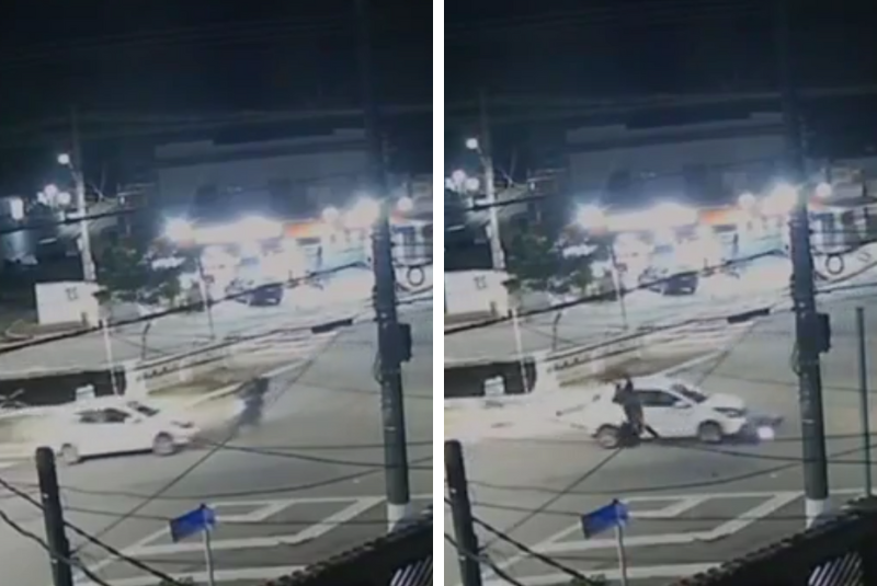 Um motociclista foi arremessado após colidir com a lateral de um carro em um cruzamento no bairro Marapé, em Santos, na noite desta terça