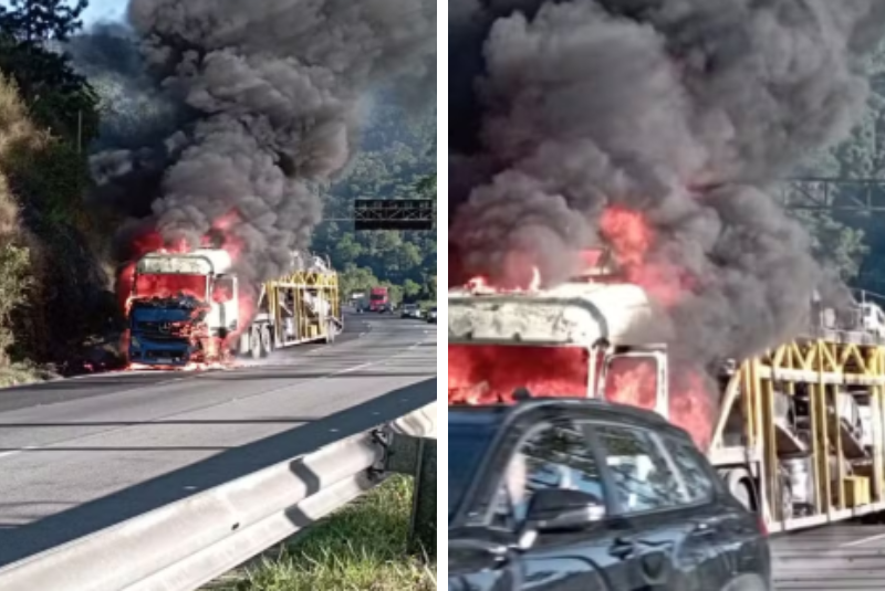 Um caminhão-cegonha foi destruído por um incêndio na manhã desta segunda-feira (7) na Rodovia Régis Bittencourt, na altura do município de